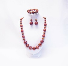 Earth Tones Reddish Brown Wood Bead Necklace/Bracelet/Earrings Set