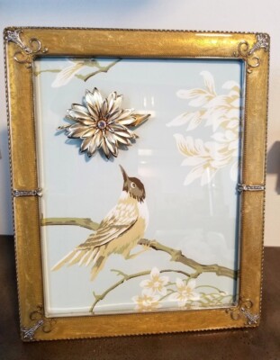 VTG Yellow Golden Enamel Framed Bird Art Picture, Aurora Borealis  Handmade 