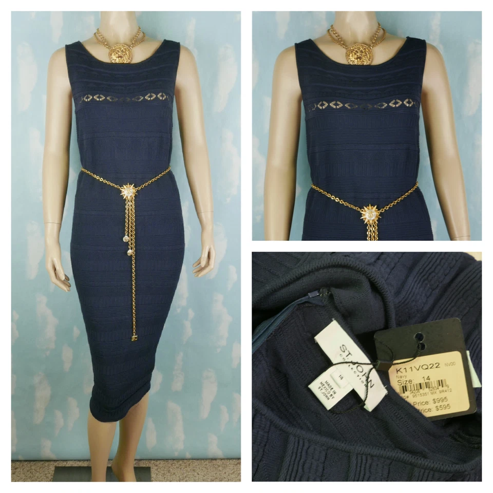 New ST. JOHN Collection Navy Blue Dress L 10 12 Sleeveless Sheath Crochet Detail