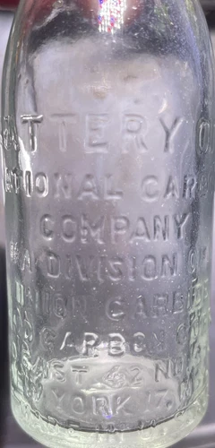 Vintage Glass Bottle Battery Oil Clear Ntl Carbon Co 4" RARE Union Carbide NY