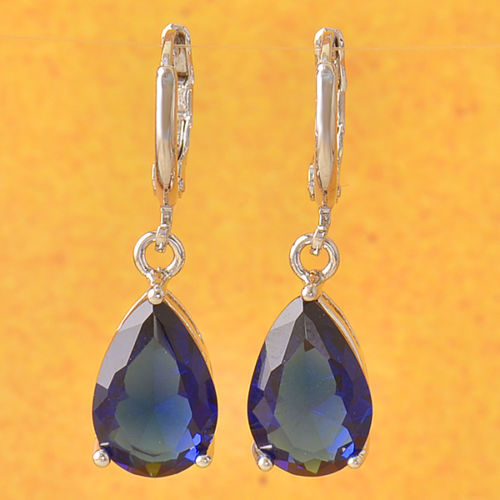Pretty New White Gold Filled Blue CZ Pear Shape Teardrop Hoop Dangle Earrings - Picture 3 of 3