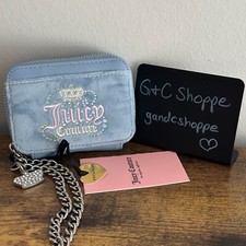 NWT Juicy Couture Dreamy Dusty Blue Pouch Wallet Wristlet Viral Silver Crown