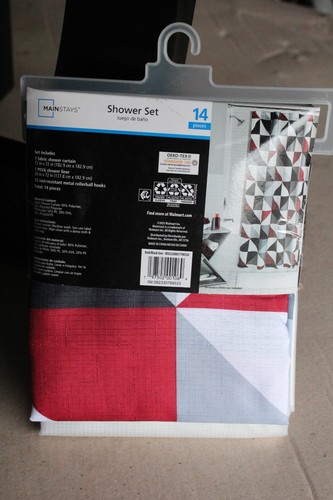 Mainstays 14pc Fabric Shower Curtain Set Red & Black Geometric 72 X 72 Easy Care - Picture 5 of 7