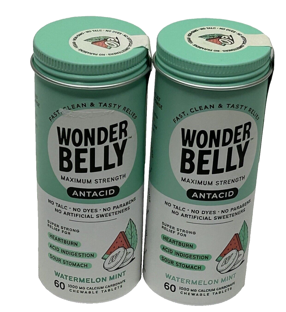 Wonder Belly Antacid Lot 2 Watermelon Mint, 60 Chewable Tablets Each Exp11/2024