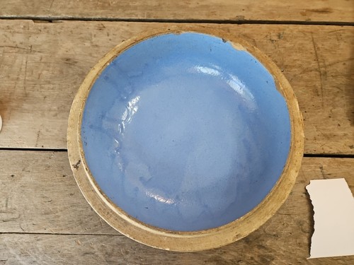 Primitive Antique Stoneware Large Handmade Blue Glazed Interior Crock Lid Cover - Picture 16 of 22