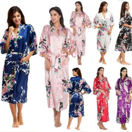 .Women Silk Satin Robe Kimono Dressing-Gown Wedding Bathrobe Nightwear Sleepwear - Picture 3 of 15
