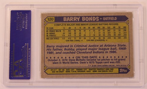 1987 MLB HR Leader Topps Barry Bonds #320 PSA NM 8 Rookie Card Baseball Errori - Foto 9 di 12