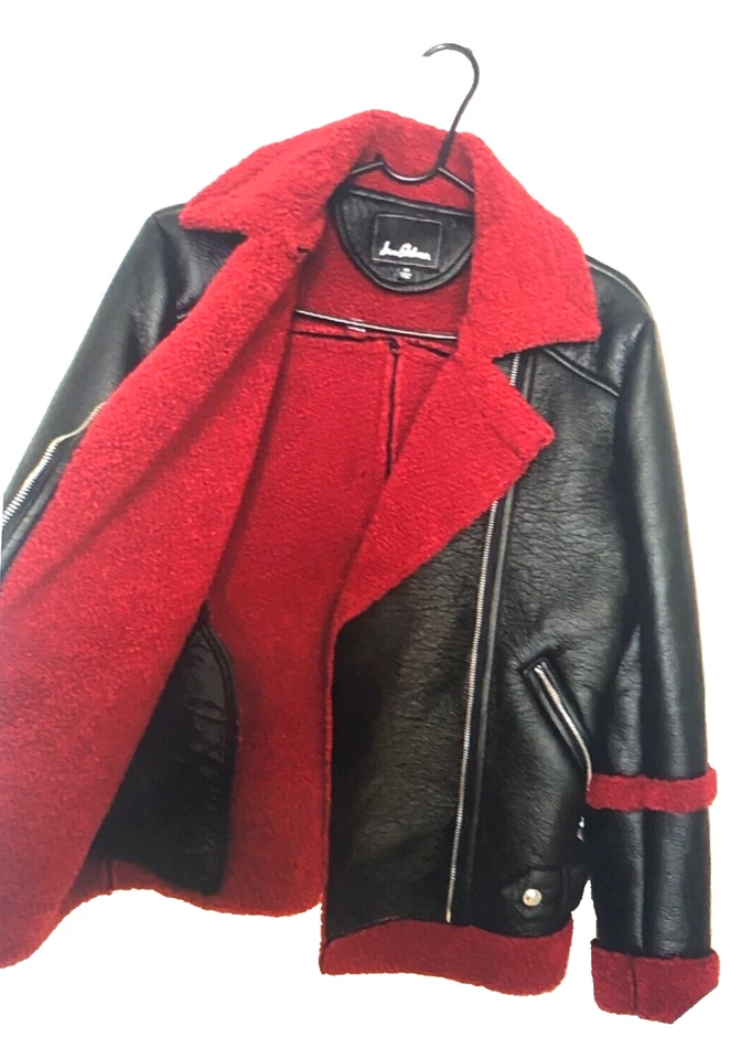 Sam Edelman Black/Red Faux Leather/Shearling Moto Jacket Women's Sz L - Image 4 of 4