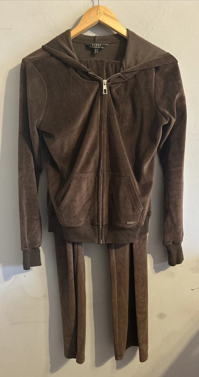 Lipsy London Velour Tracksuit Hooded Back Print Brown Size UK 12