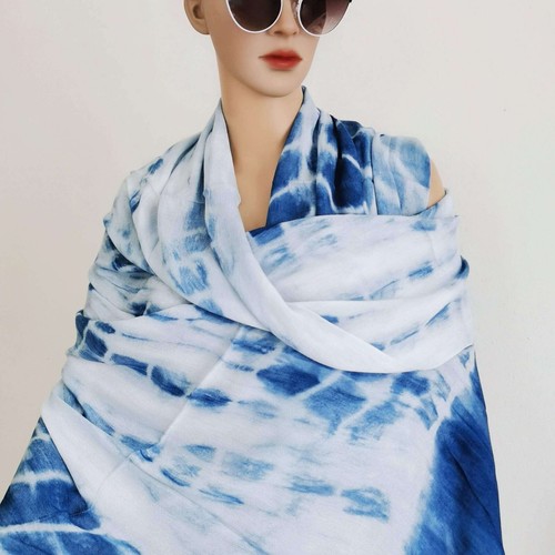 Tie Dye Indigo Cotton Scarf, Hand Dyed Shibori Shawl Wrap with Fringe, 37''x78'' - Picture 4 of 15