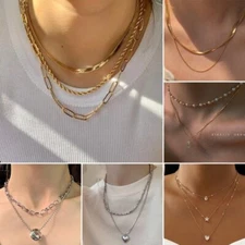 Multilayer Stainless Steel Punk Heart Pendant Necklace Collar Chain Women Gift