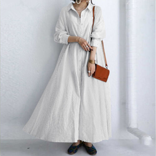 Abito camicia lunga primavera autunno donna taglie forti a righe casual maxi caftano donna abito - Foto 5 di 12
