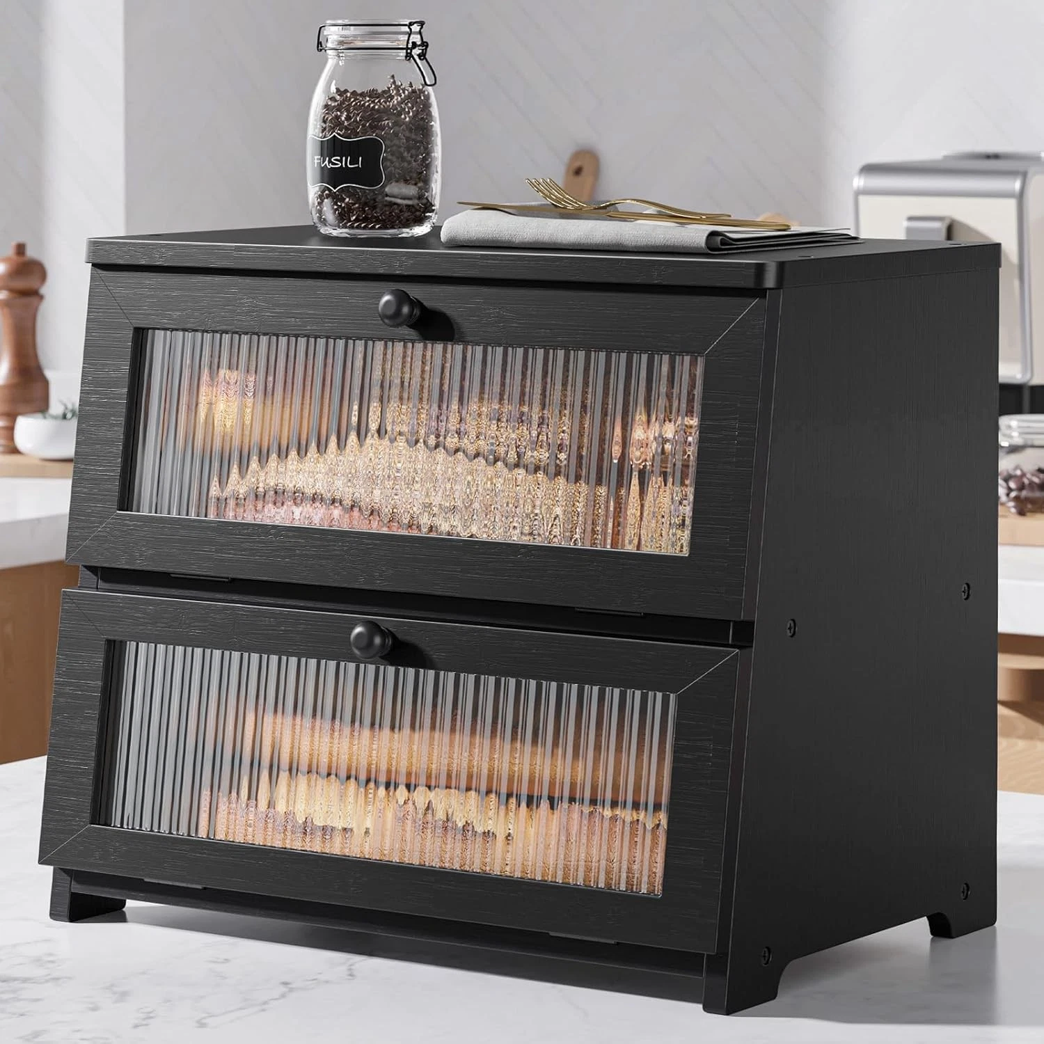Wooden Bread Box Kitchen Countertop Organizer Bread Container with Window Black