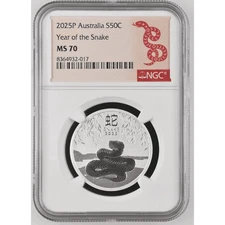 2025 Australia Lunar Series III Year of the Snake 1/2 oz Silver Coin NGC MS 70