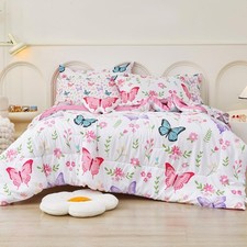 Full Size Comforter Sets for Girls Kids, 8 Pieces Bed in a Bag Flower Butterf...