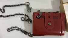 Real Leather Bifold Wallet Double Zip Coin Pocket Purse with Chain (Red)