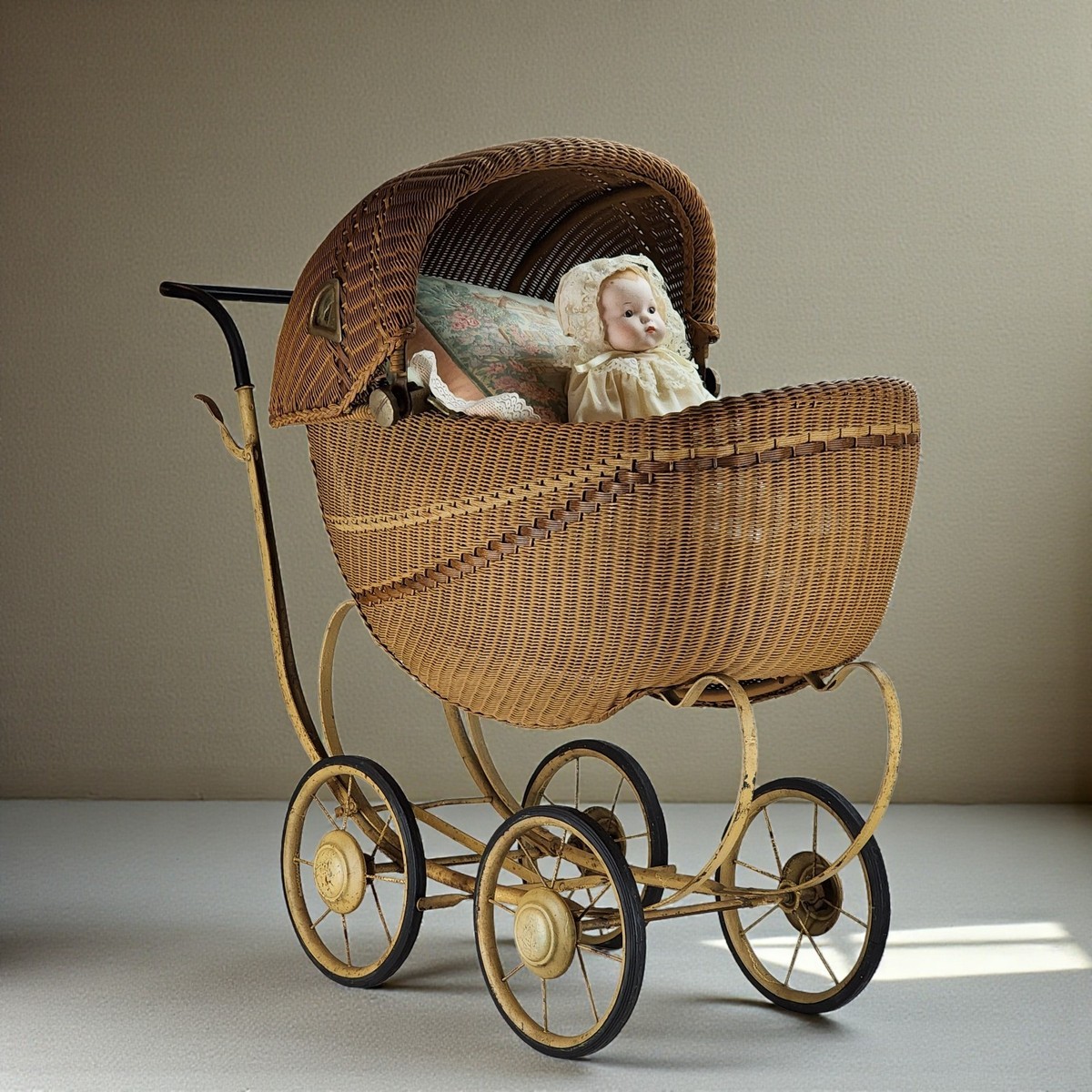 Antique 1800s Wicker WHITNEY Doll Carriage Stroller Pram Victorian