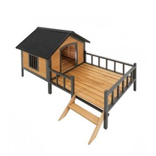 Iron Frame Outdoor Wooden Dog Kennel Large Cabin House Porch Included Pet