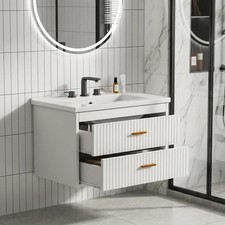30"Modern Floating Bathroom Vanity Fluted White Ceramic Sink Cabinet Gold Handle