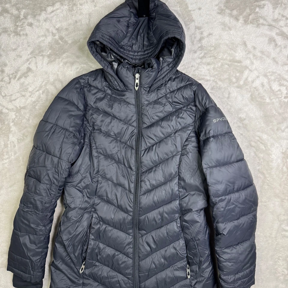 Abrigo de invierno aislado Spyder chaqueta acolchada largo negro cremallera completa con capucha mediano Foto 2 de 4