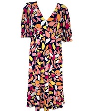Maggie London Babydoll Empire Sheath Dress Colorful Sz 4 Stretch Knit Puff Sleev