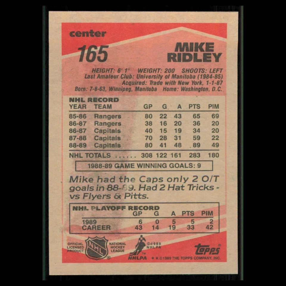 Mike Ridley #165 1989 Topps Washington Capitals Hockey Card NHL NM - Image 2 of 3