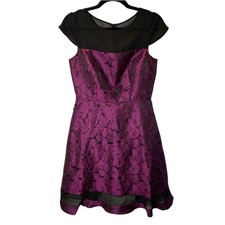 Adrianna Papell Cocktail Dress Womens 8 Purple Floral Jacquard Fit Flare Formal