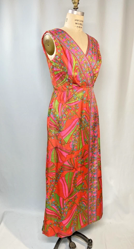 Vestido Vintage TALLA MEDIANA Rosa Rojo Maxi Largo Estampado Psicodélico Años 60 70 Foto 4 de 4