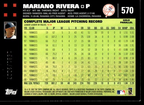 2007 Topps Mariano Rivera #570 Gold Parallel #'d /2007 New York Yankees - Picture 2 of 2