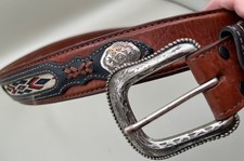 vintage WESTERN buckle belt NATIVE AMERICAN leather 44 concho TOOLED wrangler