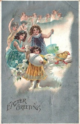 GIRLS, LAMB, CHICK, ANGELS, Huge EGG On Wonderful Vintage 1907 EASTER Postcard