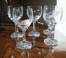 5 Rare JOSEPHINE HUTTE Etched  animal black forest WINE GLASSES Crystal, GERMANY