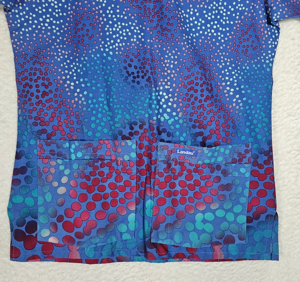 Landau Women's Size XS Floral Print Scrub Top V Neck Blue Red Pockets NEW - Image 4 of 4