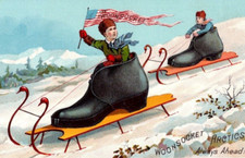 NEW WOONSOCKETS Best Rubber Boots & Shoes Children on Sled Victorian Trade Card