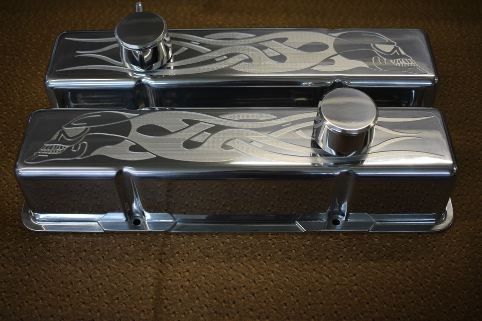 Chevrolet Skull Flames SB TALL Valve Covers Breathers PCV Chevy 350 383 400 283 eBay