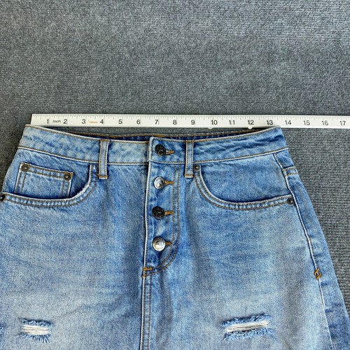 RUSTY Denim Skirt Womens Size 8 Blue Button Fly Distressed Wash Fade Denim Mini - Picture 6 of 11