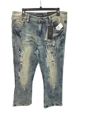 Black Premium Mens blue acid distressed Boot Cut Denim Jeans 34X30 SKU 8458