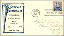 Scott 872 5 Cents Frances Willard Macos FDC Addressed Planty 872-18