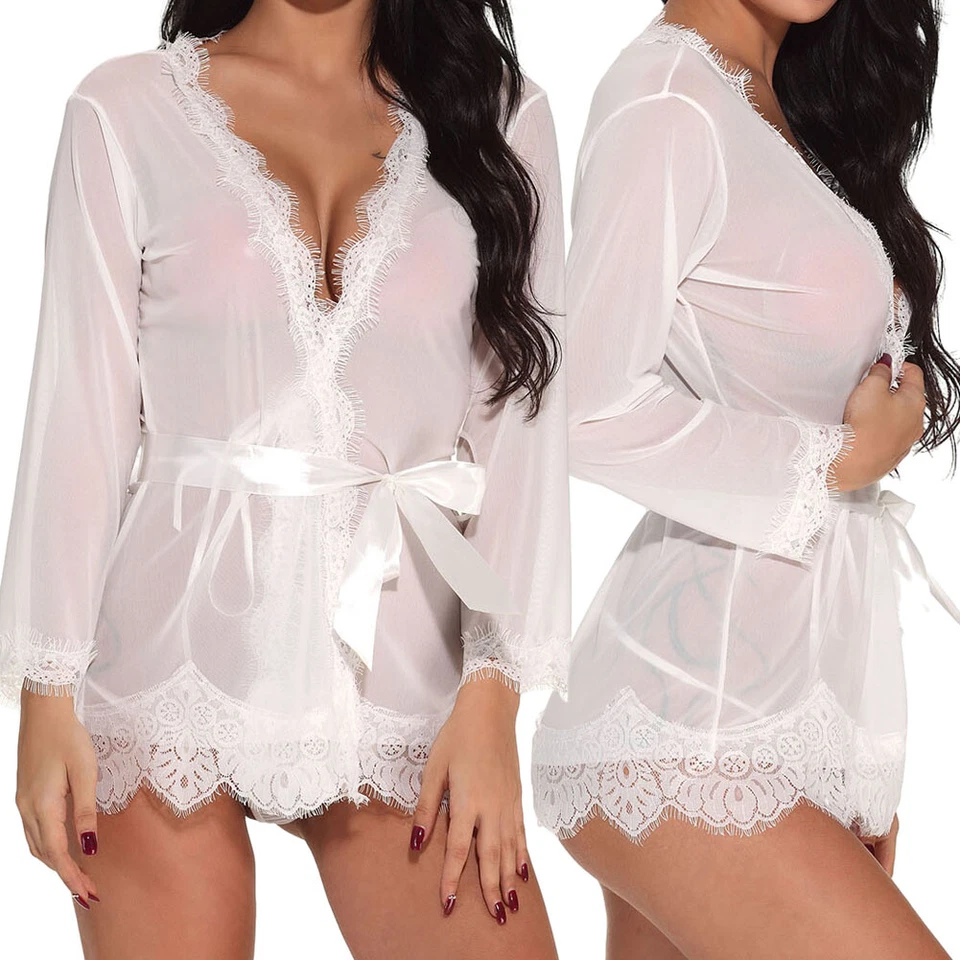 Sexy Lace Sheer Lingerie Mesh Chemise Kimono Robe Nightgown Babydoll for Women - Image 4 of 4