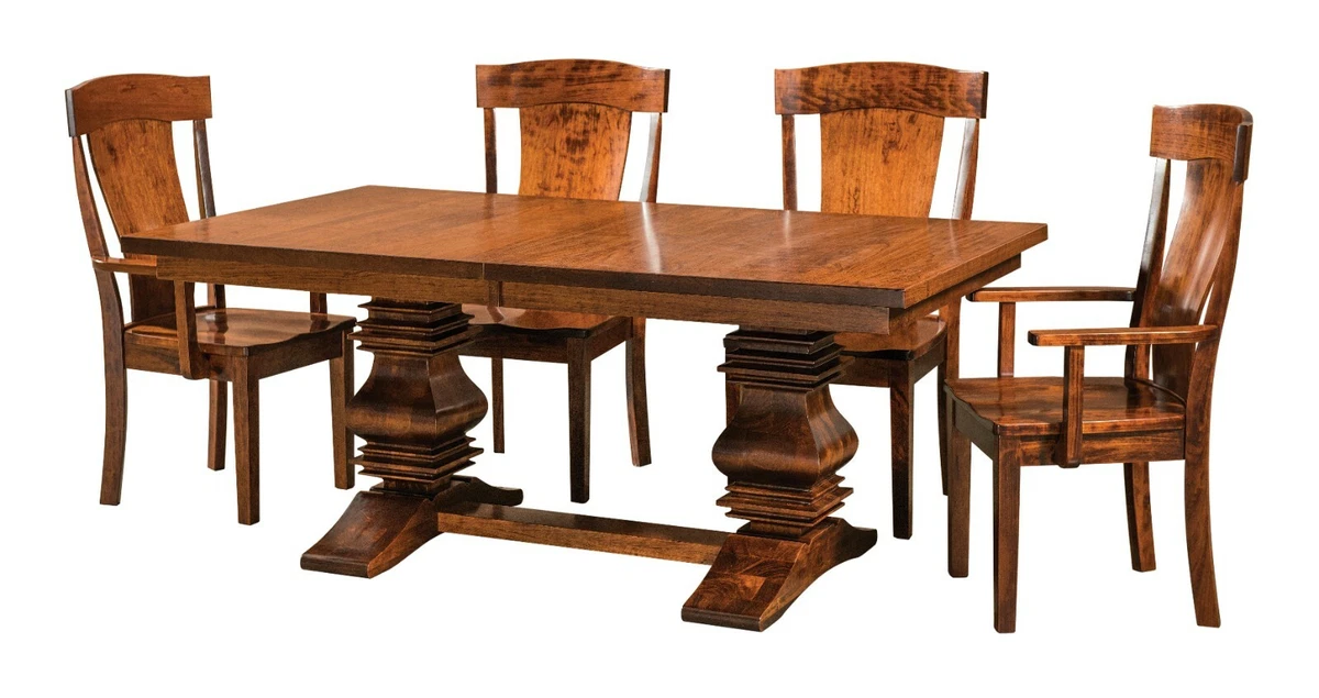 Amish Traditional Double Pedestal Trestle Dining Table Solid Wood Extending