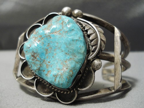 MUSEUM VINTAGE NAVAJO #8 TURQUOISE STERLING SILVER BRACELET OLD - Picture 5 of 7