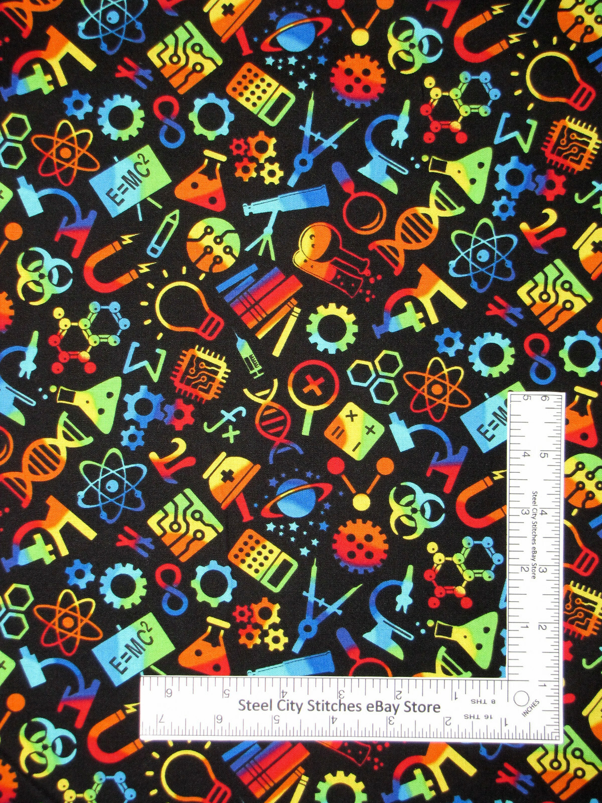 Microscope Atom Science Black Cotton Fabric Timeless Treasures C7435 By Yard