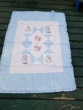 Vintage Baby Quilt with Embroidered Animal Blocks  Ruffled Edge