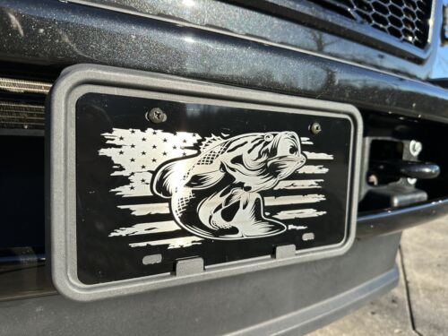 American flag/ fishing License Plate, Patriotic, Engraved, Black