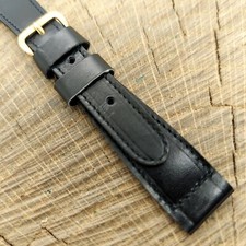 Vintage Black Genuine Leather Watch Band w Gold Tone Buckle NOS Unused 16mm