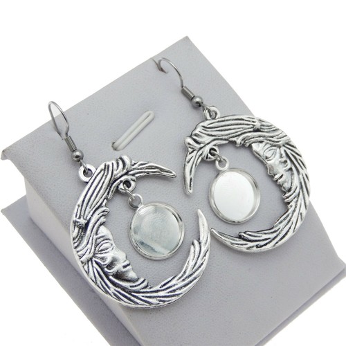 1 Pair 12mm Blank Bezel Tray Moon Pendant Ear Hooks Piercing Jewelry Earrings - Picture 3 of 8