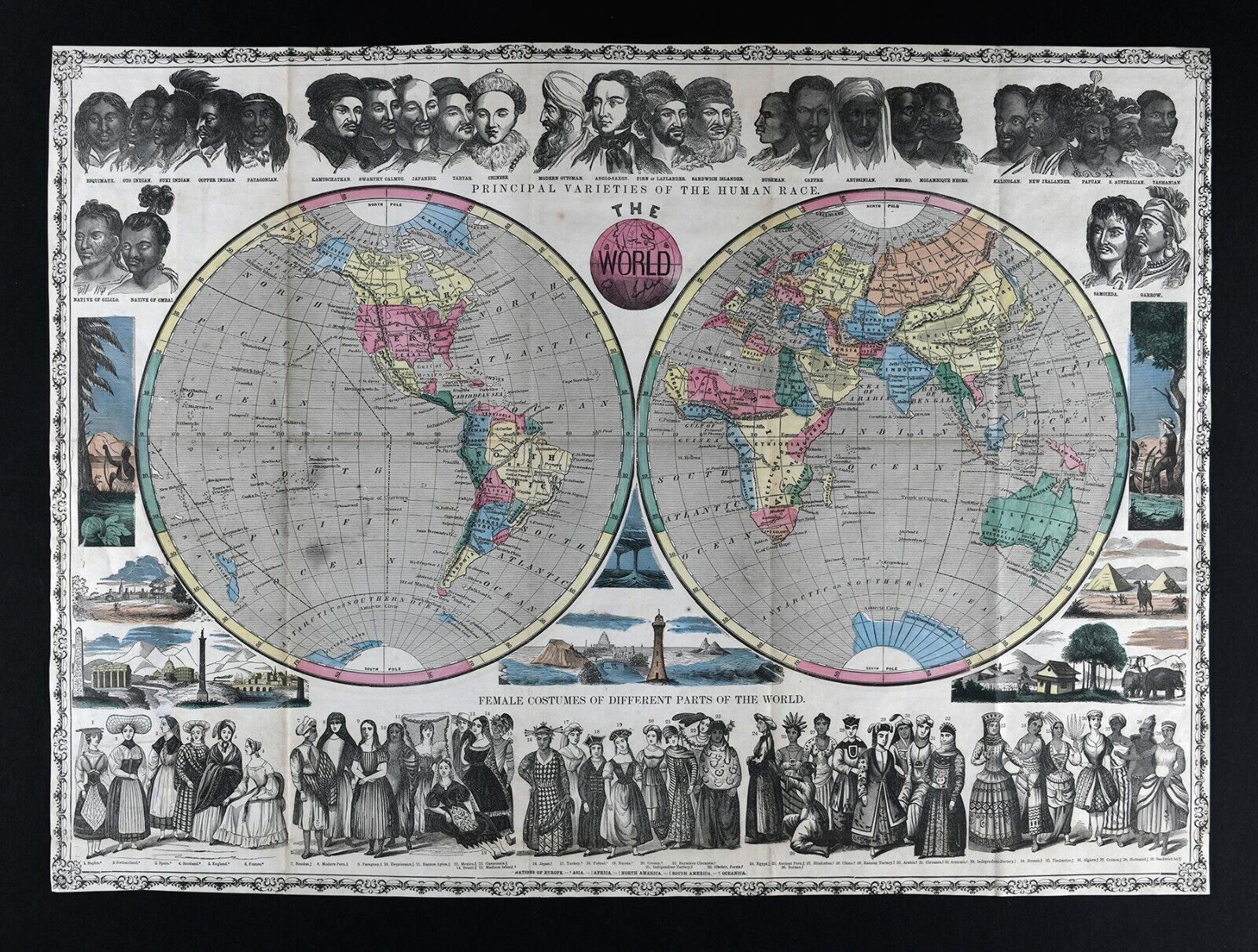 1855 Phelps World Map Hemispheres Human Races Ethnic Costume America Europe Asia