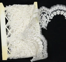 Off White Alencon Bridal Lace 6.5 yds Faux Pearls Sequins Beads Scallop Cord