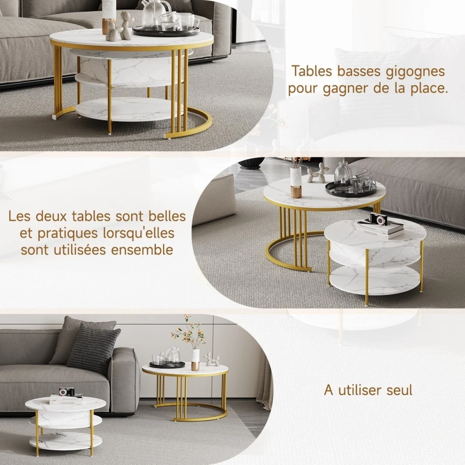 Modern 2er Set Couchtisch Kaffeetisch Beistelltisch Rund Sofatisch Mit Stauraum  - Bild 4 von 4