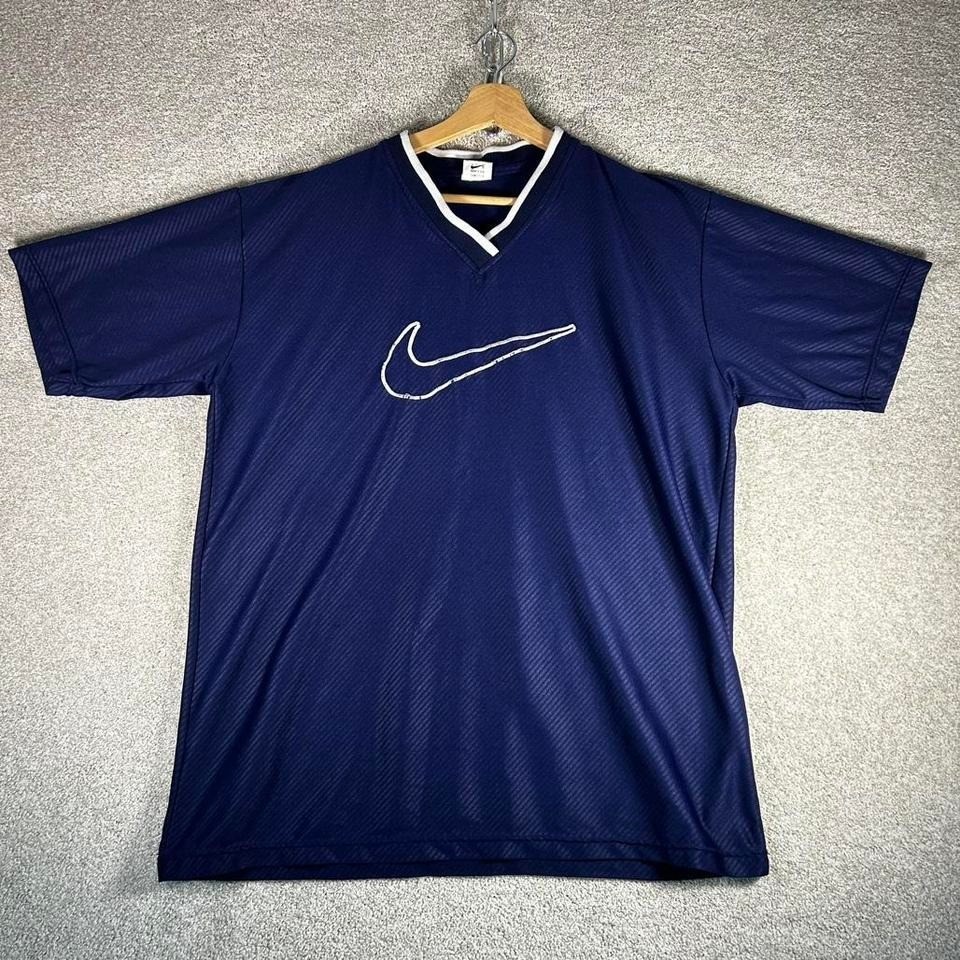 Vintage 90s Nike embroidered big swoosh navy blue soccer jersey Size XL